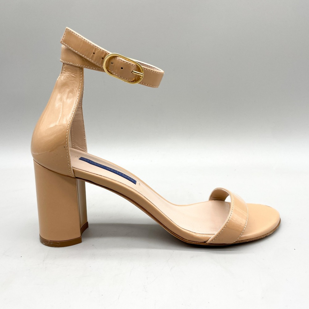Stuart Weitzman Womens 7.5 Block Heel Ankle Strap Sandals Nude Patent Leather